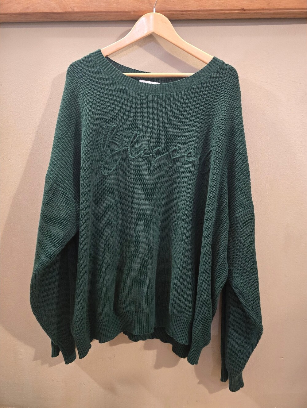 GILLI 2X Green Blessed Embroidered Oversized Knit Sweater